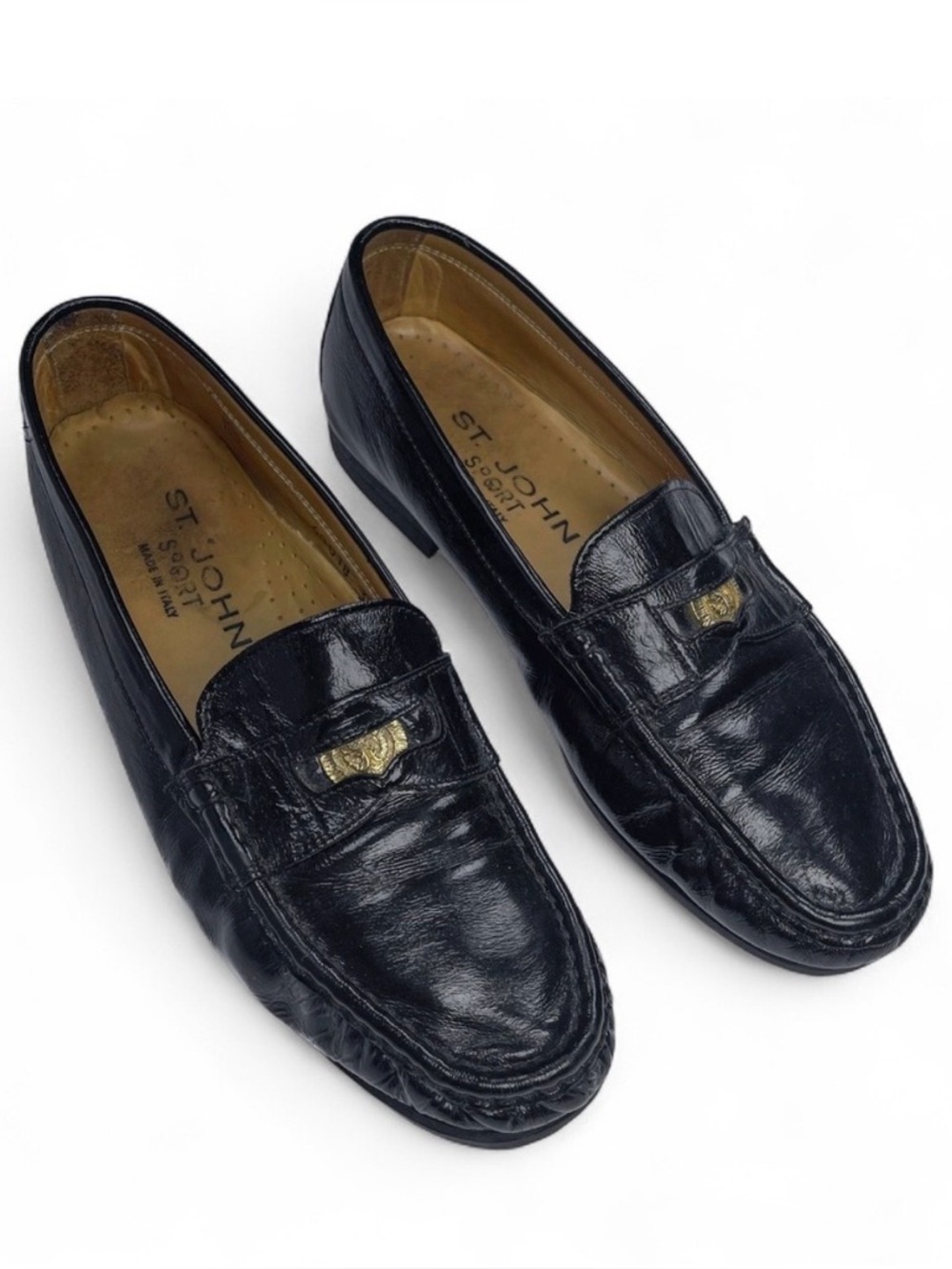 Vintage St. John Sport Loafers Black Patent Leather Gold Accent Size 39/8.5